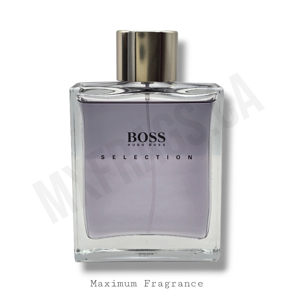 A bottle of Hugo Boss Selection fragrance with a clear glass body, light lavender-purple liquid, and a metallic silver cap, shown on a white background with a faint watermark.